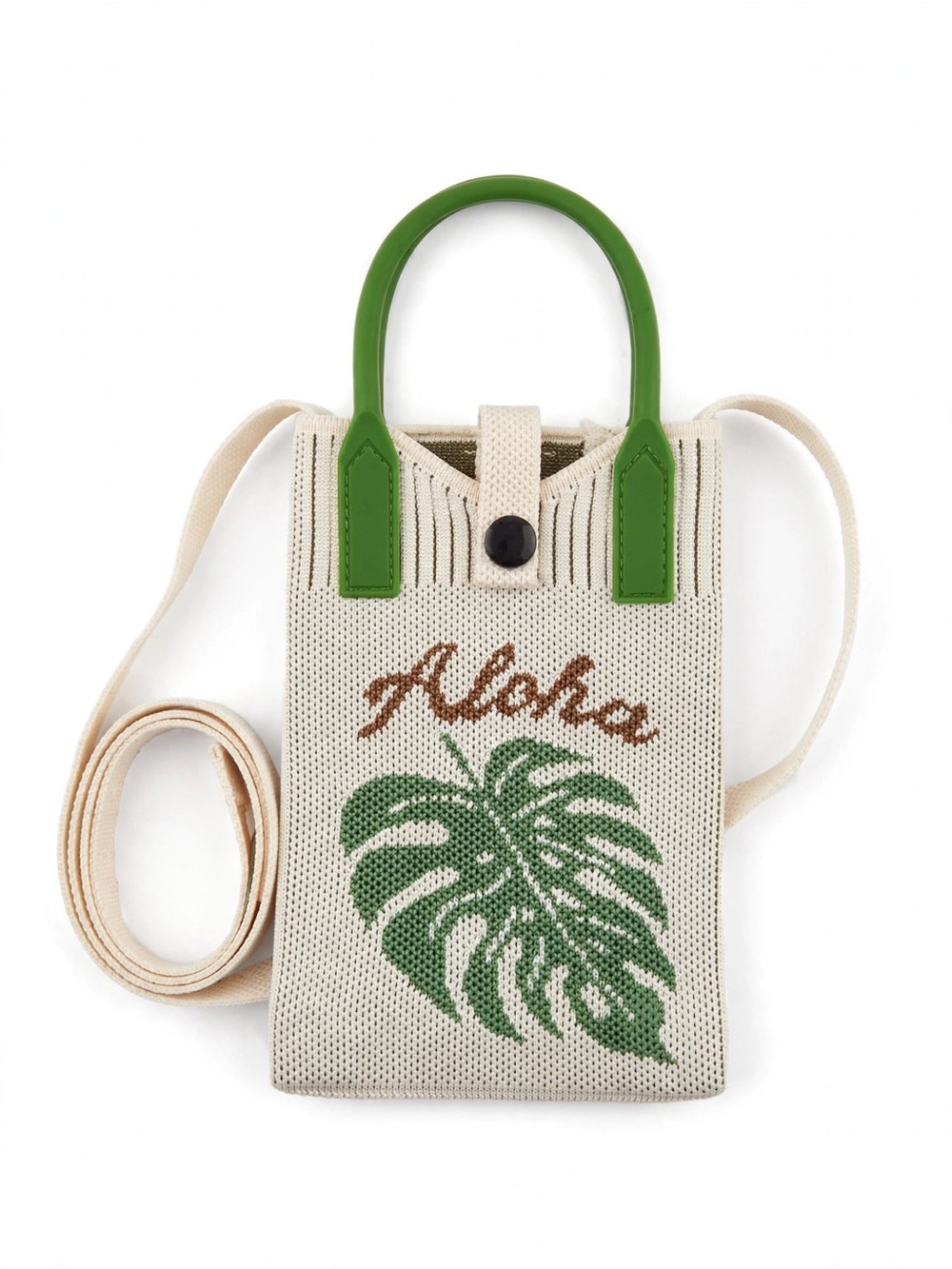 Cream Knit Mini Tote Bag with Green Leaf and Green Rubber Handles - Picture 3 of 7